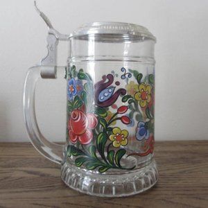 Vintage 80s BMF Made in West Germany Hand Painted Floral Beer Stein Pewter Lid
